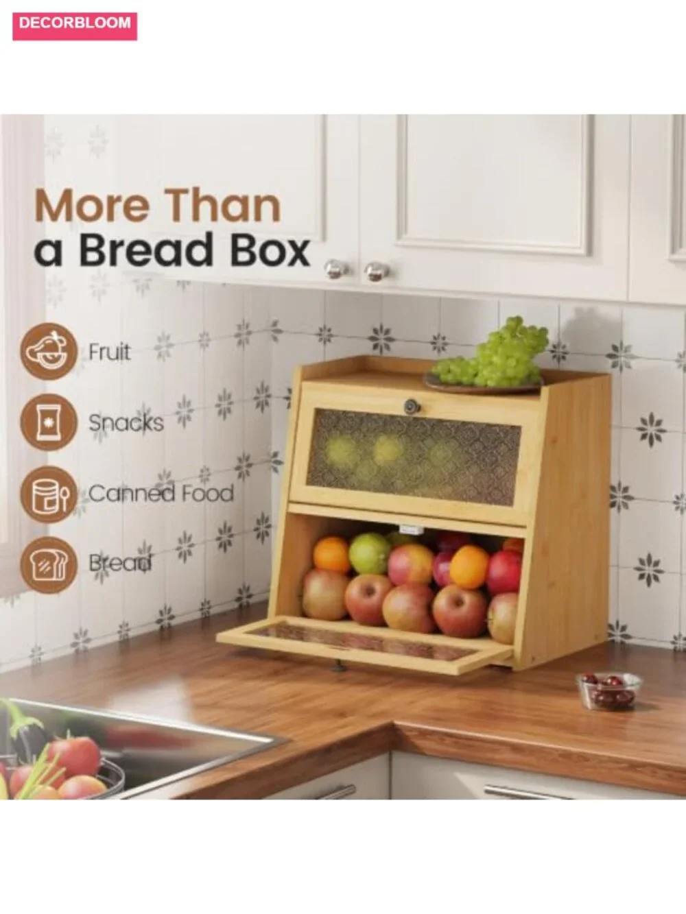 Bamboo Double Layer Bread Box Large Capacity Kitchen Countertop Storage